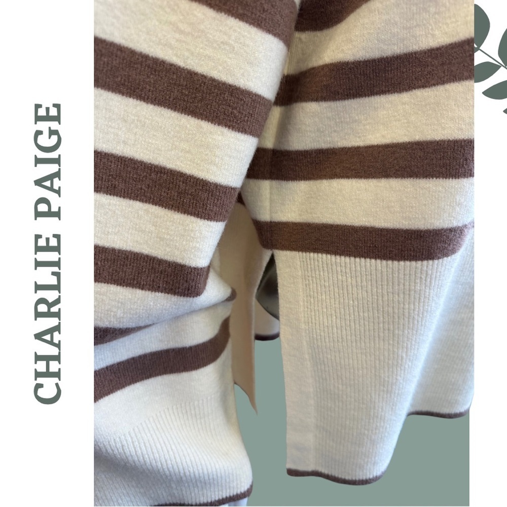 Charlie Paige Mikyla Stripe Cowl / Turtle Neck Pullover Cream Brown Size Small - Picture 6 of 8